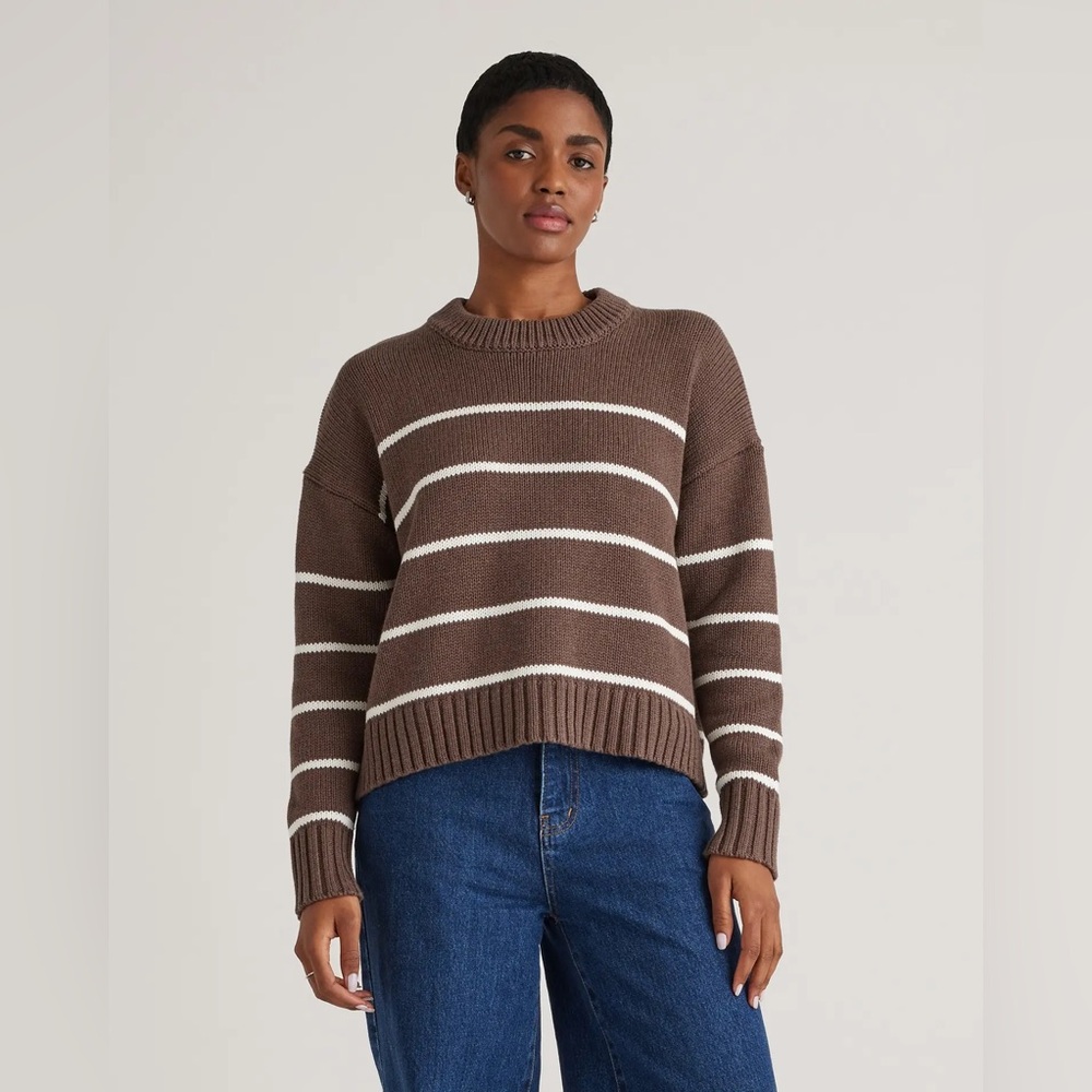 Quince 100% Organic Cotton Striped Crew Sweater | Heather Brown/Ivory